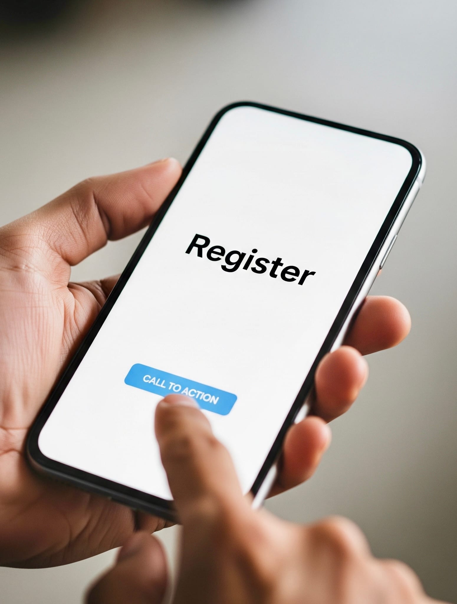 A hand holding a smartphone displaying a "Register" screen with a finger poised to tap on a "Call to Action" button.